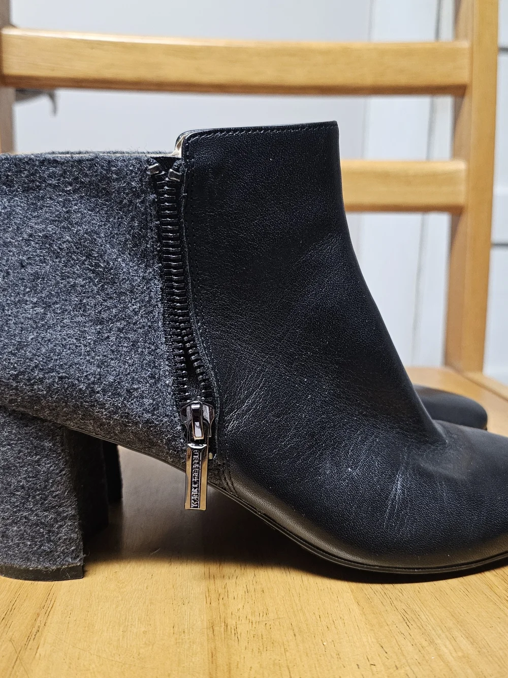 Karl Lagerfeld Leather Two-Tone Gray Black Classic Block Heel Women's Size 7.5